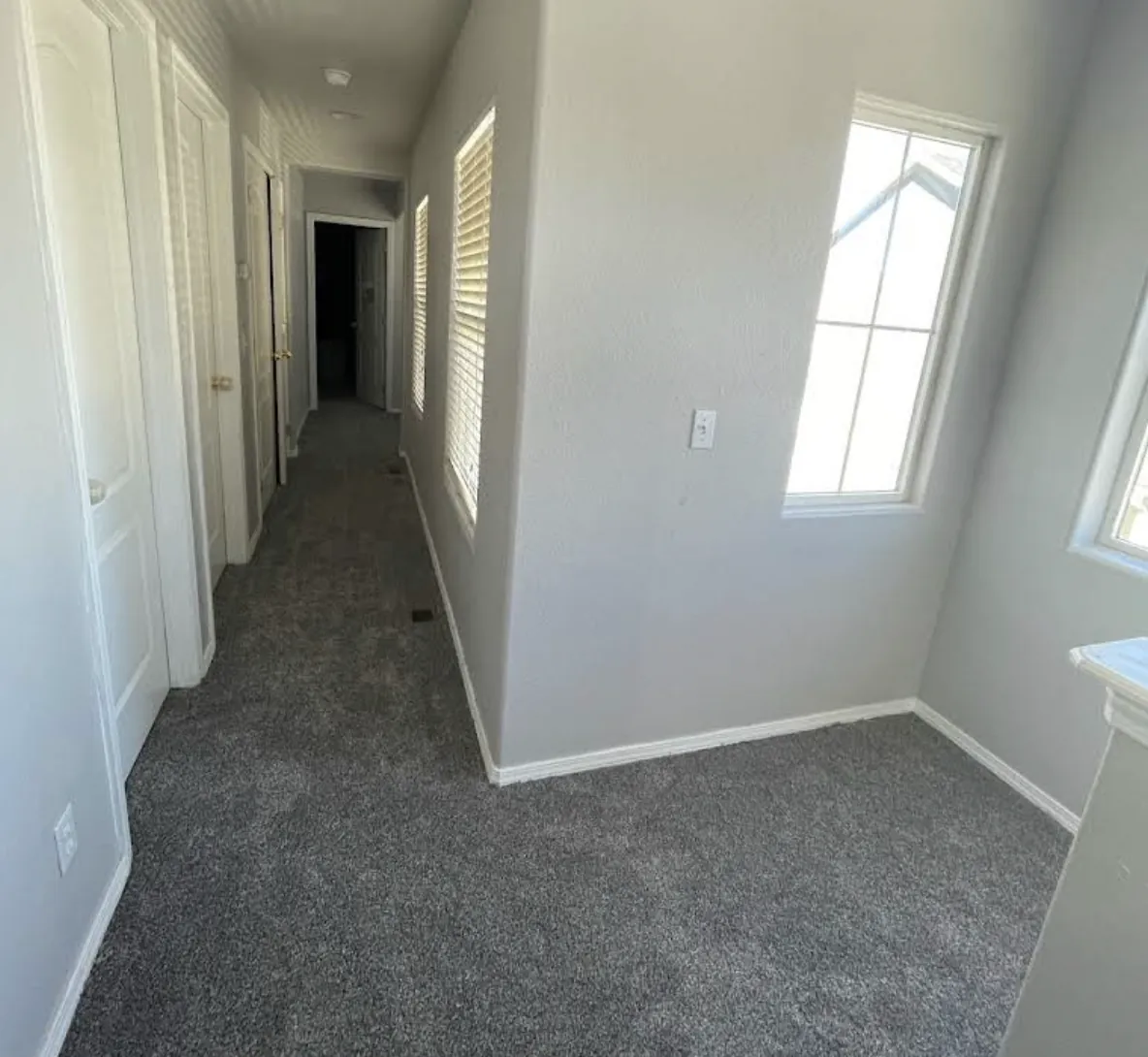 Hallway with new gray carpet running past white doors and a window